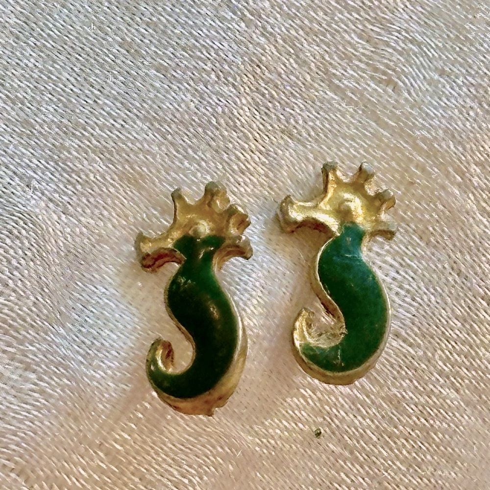 Tiny Green & Gold‎ Tone Seahorse Post Earrings